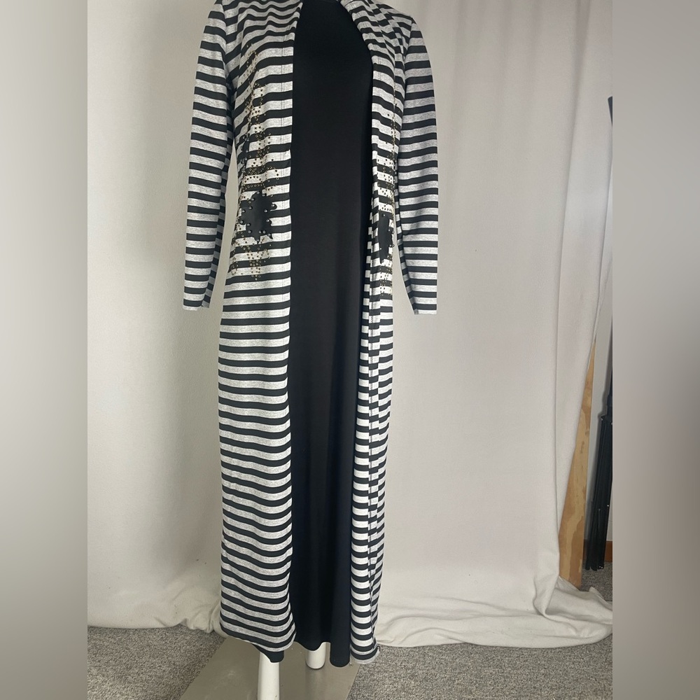 Striped Black and grey Long hooded Cardigan with black accents